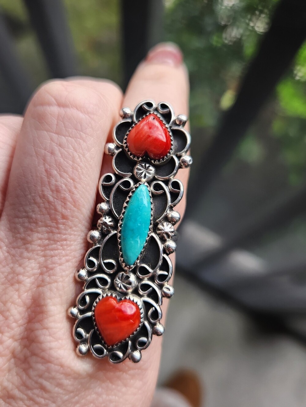 Handmade Sterling Silver 925 Navajo Native American Spiny Heart, Turquoise Ring
